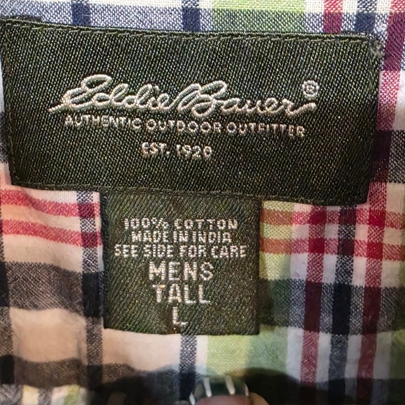 Eddie Bauer Plaid Short Sleeve Button Up Shirt Green Red Navy Mens L Tall Casual - Picture 6 of 7
